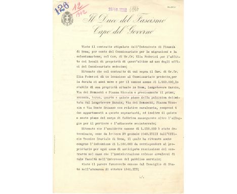 MUSSOLINI BENITO: (1883-1945) Italian Fascist Dictator of World War II. A war date D.S., Mussolini, two pages, folio, Rome, 1