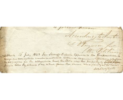 SCOTT WALTER: (1771-1832) Scottish historical novelist, poet, playwright and historian. Manuscript docket signed, Walter Scot
