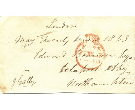 GULLY JOHN: (1783-1863) English prize-fighting boxer, sportsman and politician. Signed Free Front envelope panel addressed in