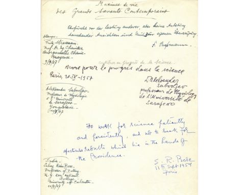 SCIENTISTS: An unusual 4to sheet of paper featuring the manuscript title Maximes de vie des Grands Savants Contemporains (Tra