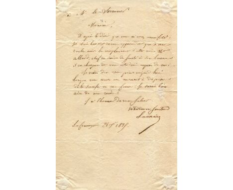 LACENAIRE PIERRE FRANCOIS: (1803-1836) French criminal, murderer and poet. A rare A.L.S., Lacenaire, one page, 8vo, La Concie