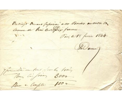 DUMAS ALEXANDRE: Pere (1802-1870) French novelist and playwright whose works include The Three Musketeers (1844). Manuscript 