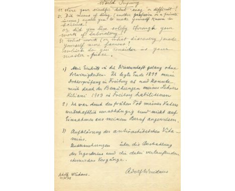 WINDAUS ADOLF: (1876-1959) German chemist, Nobel Prize winner for Chemistry, 1928. Manuscript D.S., Adolf Windaus, one page, 