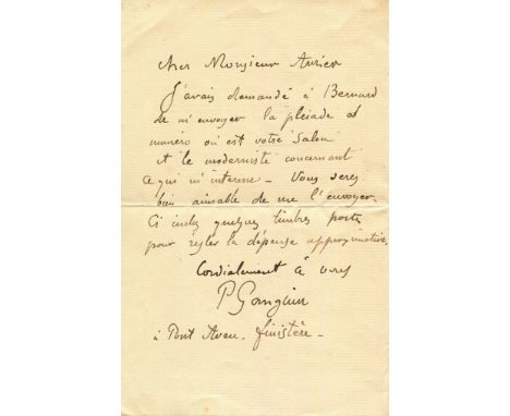 One of the very few known letters of Gauguin to his early champion Albert Aurier,  the critic who also praised van Gogh and w