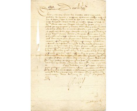 HENRY IV: (1553-1610) King of France 1589-1610. Assassinated. A good L.S., Henry, one page, 4to, Gournay, 18th January 1592, 