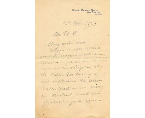 PALACIO VALDES ARMANDO: (1853-1938) Spanish novelist and critic. A.L.S., A. Palacio Valdes, two pages, 8vo, Capbreton, Landes