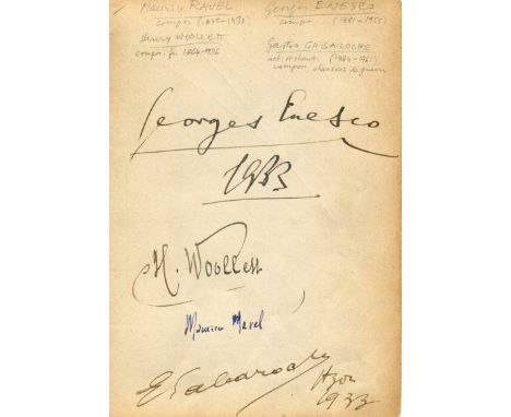 COMPOSERS: An 8vo page removed from an autograph album individually signed by Maurice Ravel (1875-1937) French composer, pian