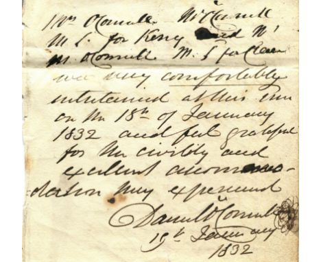 O'CONNELL DANIEL: (1775-1847) Irish political leader. Autograph statement signed, Daniel O'Connell, one page, small 8vo, n.p.
