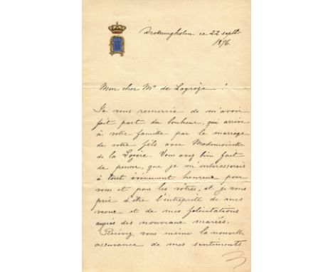 OSCAR II: (1829-1907) King of Sweden 1872-1907 and King of Norway 1872-1905. A.L.S., Oscar, two pages, 8vo, Drottingholm [Pal