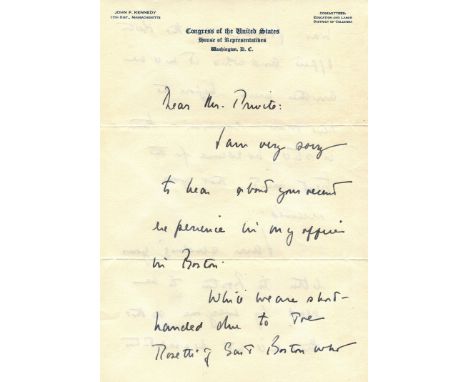 ‘I am very sorry to hear about your recent experience in my office in Boston’ KENNEDY JOHN F.: (1917-1963) American President