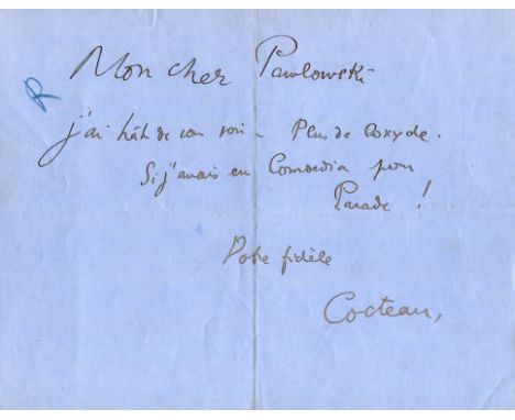 COCTEAU JEAN: (1889-1963) French poet, playwright, novelist, artist, filmmaker and critic. A.L.S., Cocteau, one page, oblong 