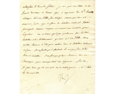 NAPOLEON I: (1769-1821) Emperor of France 1804-14, 1815. A very fine L.S., `Nap´, one page, 4to, gilt edge, Saint-Cloud, 30th
