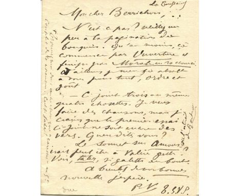 VERLAINE PAUL: (1844-1896) French poet. A.L.S., with his initials PV, one page (with a postscript to the upper third of the s