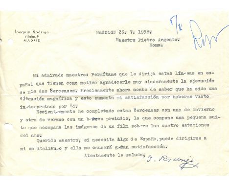 [RODRIGO JOAQUIN]: (1901-1999) Spanish composer and pianist. T.L.S., J. Rodrigo, on the blind composer's behalf by his wife, 