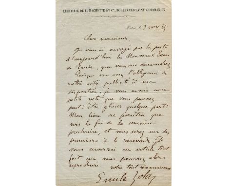 ZOLA EMILE: (1840-1902) French novelist, journalist and playwright. A.L.S., Emile Zola, one page, 8vo, Boulevard Saint-Germai