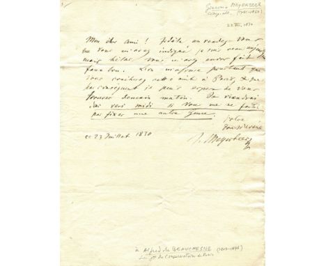 MEYERBEER GIACOMO: (1791-1864) German composer. A.L.S., J. Meyerbeer, one page, 4to, n.p. (Paris), 23rd July 1830, to [Alfred