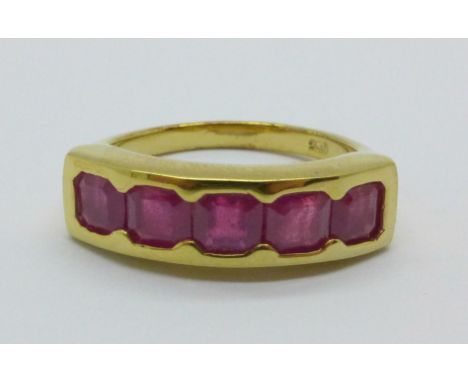 A silver gilt asscher cut ruby ring, N 