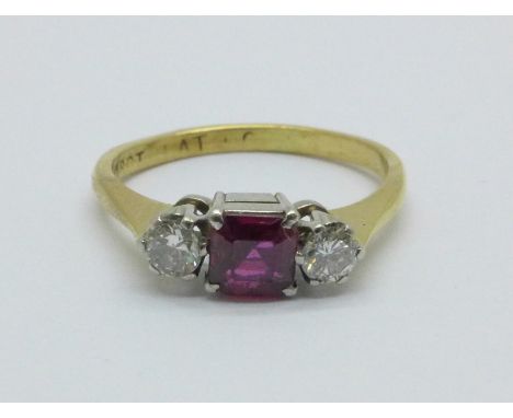 A 18ct gold and platinum set ruby and diamond ring, 2.6g, L 