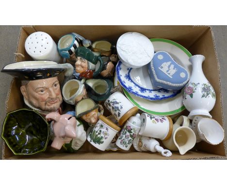 A box of mixed china including Royal Doulton, Minton, Wedgwood, Jasperware, etc. **PLEASE NOTE THIS LOT IS NOT ELIGIBLE FOR P