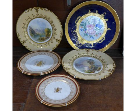 Three continental plates with hand painted scenes and two Royal Worcester plates 