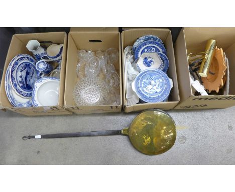 Four boxes with blue and white china including a Ringtons bowl, glassware, a desk lamp, a warming pan, etc.**PLEASE NOTE THIS