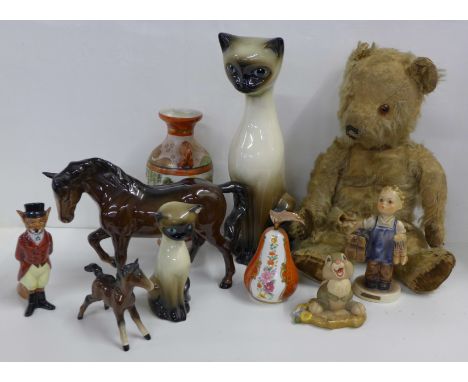 A mid 20th Century jointed Teddy bear, a Royal Doulton horse, fox hunting fox, Walt Disney Thumper, Goebel figure - 'Boots', 