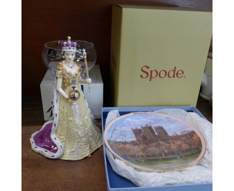 A Spode Queen Elizabeth II Diamond Jubilee figure, a Royal Doulton glass bowl and a Wedgwood plate, all boxed 