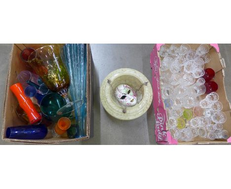 Two boxes of mixed glass; a box of crystal drinking glasses, a box of coloured glass vases and oversized glasses, an Edinburg