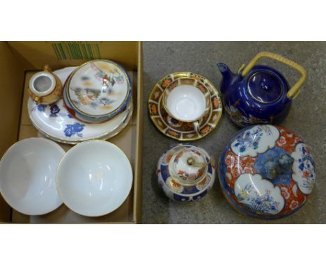 A Royal Crown Derby Imari cup and saucer, a Chinese Imari lidded pot, Willow pattern trays, etc. 