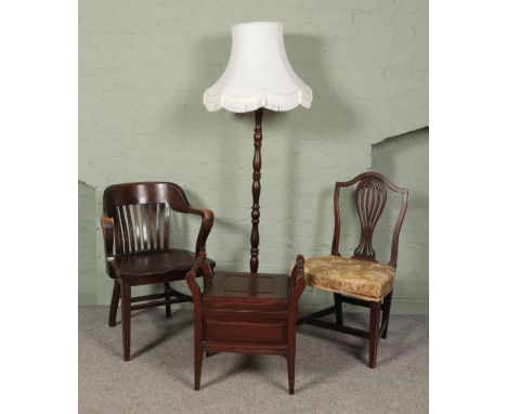 Four pieces of assorted furniture. Includes two chairs, standard lamp and a stool.  