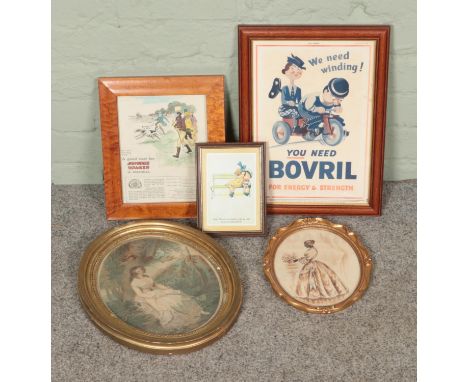 A collection of vintage pictures and prints to include Johnnie Walker whiskey advert, Christine Silver silhouette, Bovril new