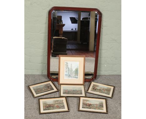 A mahogany framed mirror along with a collection of prints. Includes Alken and Harris hunting prints and a Philip Martin limi