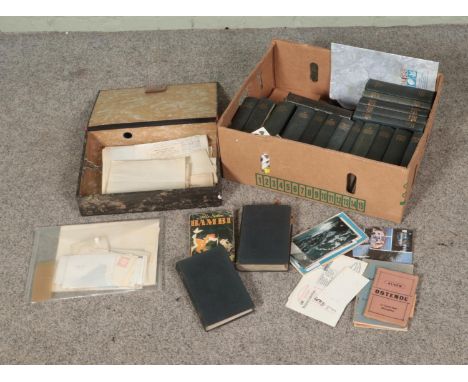 A box of vintage books and ephemera to include Bohn's Classical Library, First Day covers and postcards.  