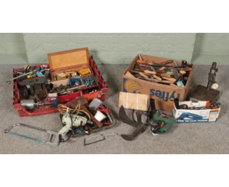 A large quantity of tools including Bosch power drill, Draper Tri-base sander, drill bits, rasps, hammers, chisels, lathe too