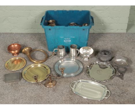 A box of metalwares. Includes brass bugle, tankards, trays, repousse decorated bowl, etc.  