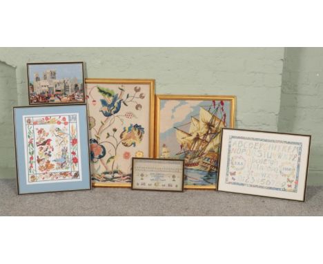 A small framed Victorian sampler along with a collection of framed embroideries. The sampler dated by 1870 by Ada Atkinson, D