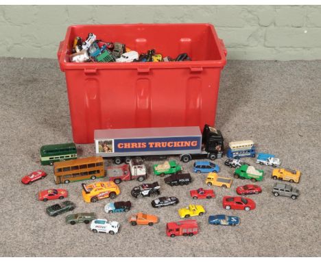 A box of diecast and other model vehicles including Corgi, Matchbox and Realtoy examples.  