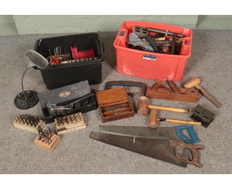 A large quantity of tools including drill bits, rasps, hammers, chisels, lathe tools, clamps, cutters, saws, magnifier etc  