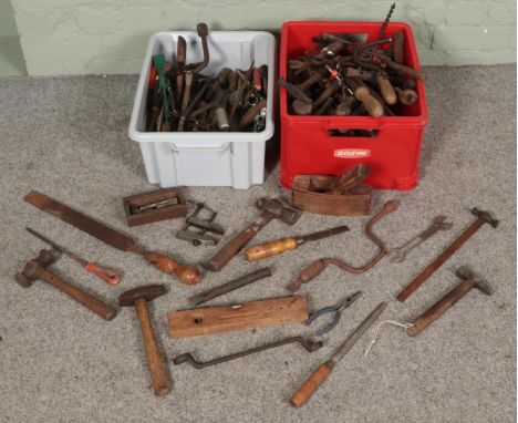 Two boxes of vintage hand tools. Includes spanners, screwdrivers, planes, hammers, etc.  