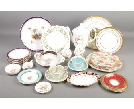 A collection of bone china. Includes Aynsley, Royal Crown Derby, Royal Winton Grimwades, Wedgwood etc.  