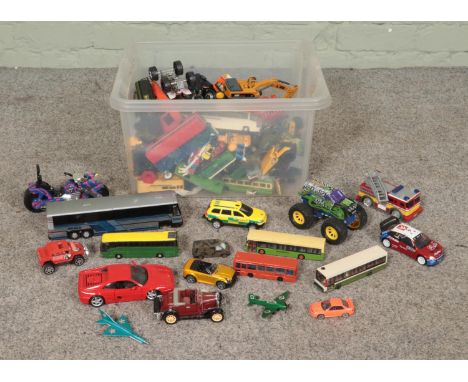 A box of diecast and other model vehicles including Corgi, Matchbox, Welly, Teamsterz and Realtoy examples  