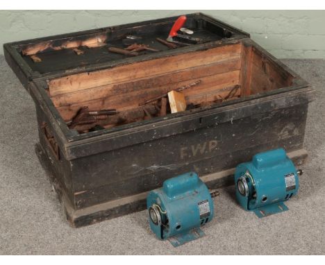 A wooden twin handled engineers chest with contents of tools. Includes drill bits, motors, etc.  