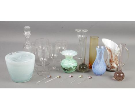 A collection of glassware. Includes Mdina, art glass cocktail sticks, Caithness, etched drinking glasses etc.  