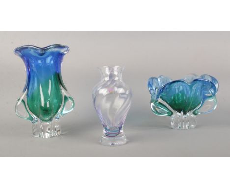 Three pieces of art glass, to include Caithness baluster shaped and two Murano style examples. Tallest piece: 20cm.  