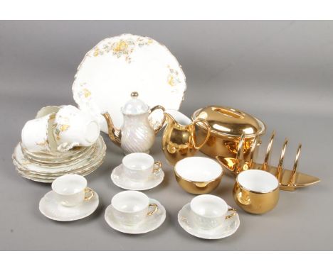 A collection of bone china. Includes Royal Worcester gilt teawares, Czechoslovakian lustre coffee set and an Edwardian part t