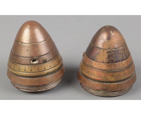 Two WWI artillery shell fuses. Both bearing broad arrow marks to the base. CANNOT POST OVERSEAS.  
