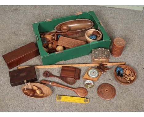 A box of wooden items. Includes Short &amp; Mason barometer, Stanley yard stick, Swiss musical cigarette box, carved animals 
