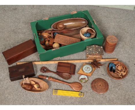 A box of wooden items. Includes Short &amp; Mason barometer, Stanley yard stick, Swiss musical cigarette box, carved animals 