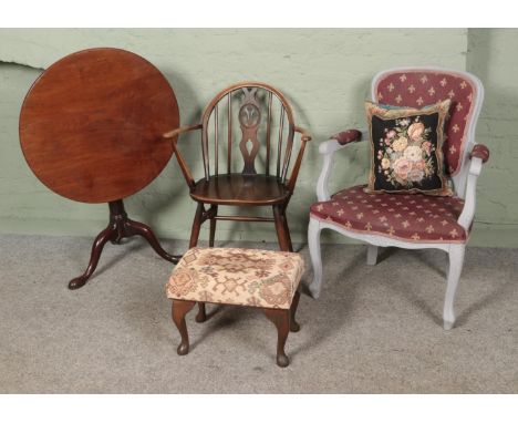 Four pieces of assorted furniture, to include Ercol Fleur de Lys open armchair, footstool and tilt top table.  