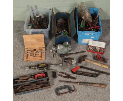 Two boxes and a tool box with contents of vintage tools. Includes part Presto tap and die set, hammers, motor, drill bits, sp